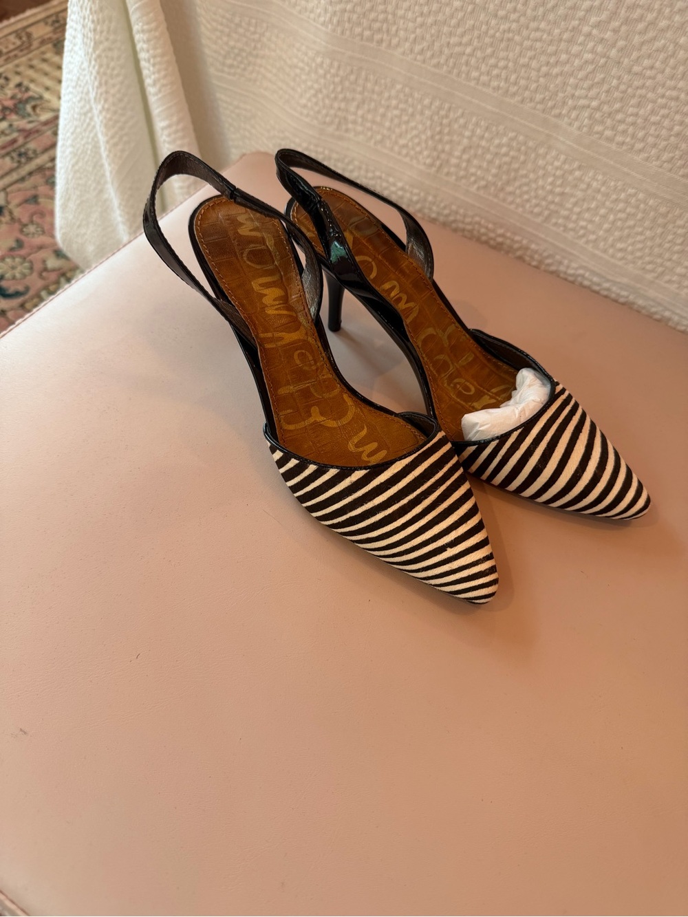 Sam Edelman Black & White Striped Pointed Slingback Heels